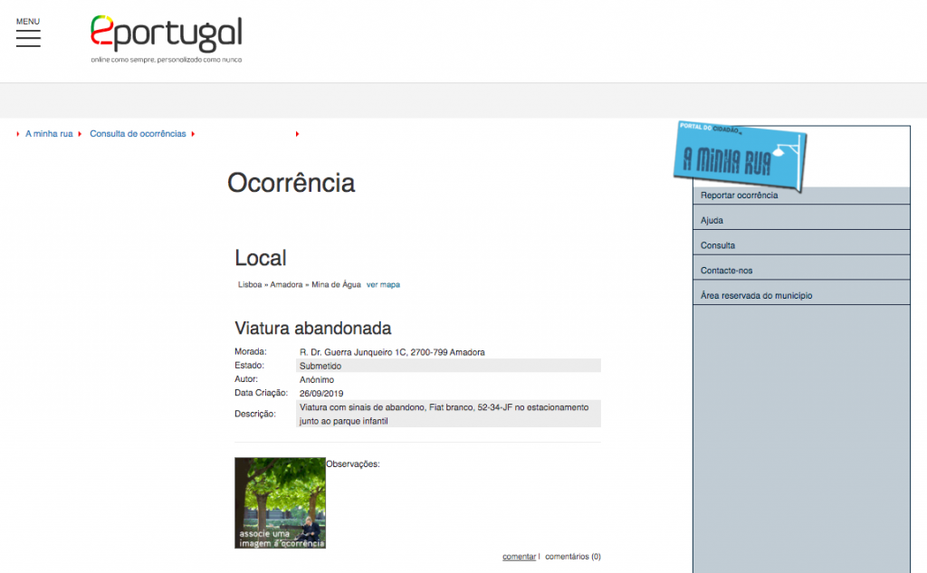 Informação de uma ocorrência