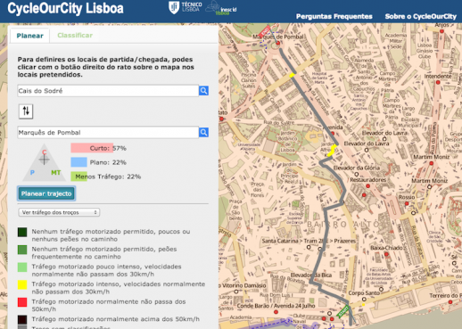Um percurso no CycleOurCity e o menu de opções