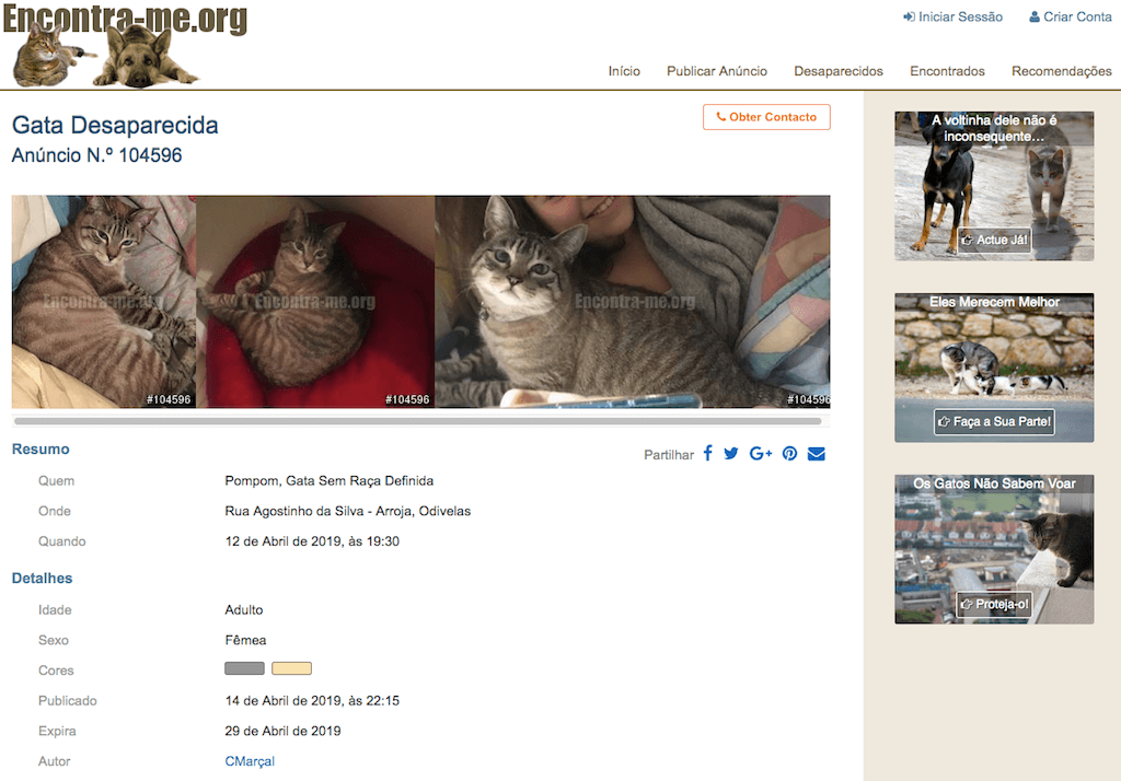 Encontra-me.org - anúncio de um animal desaparecido