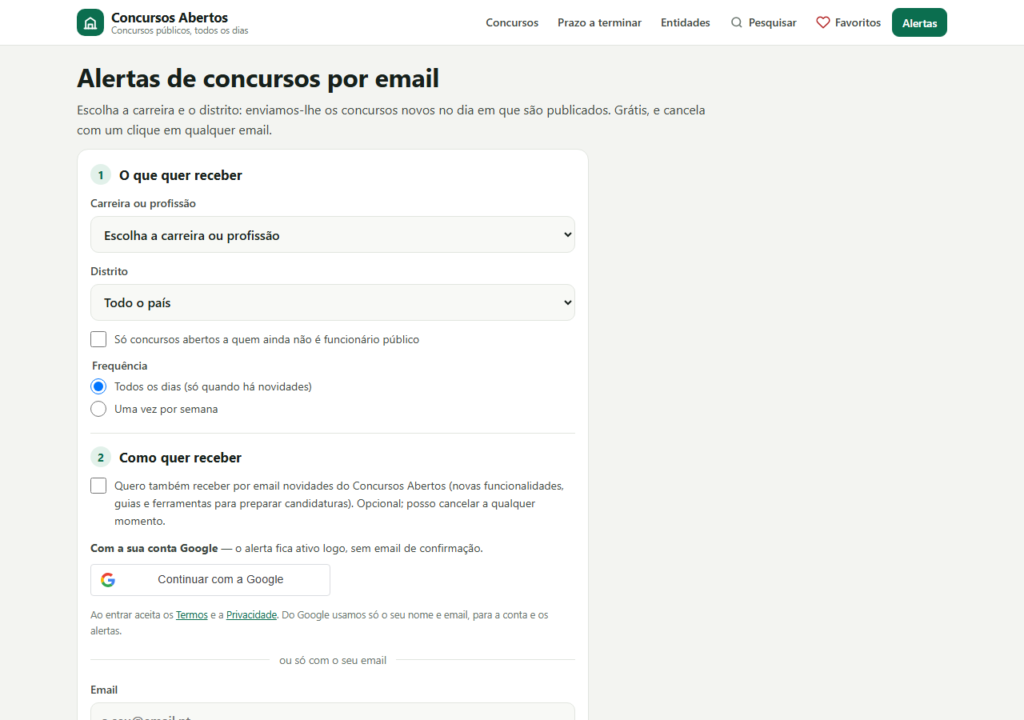 Concursos Abertos: alertas por email