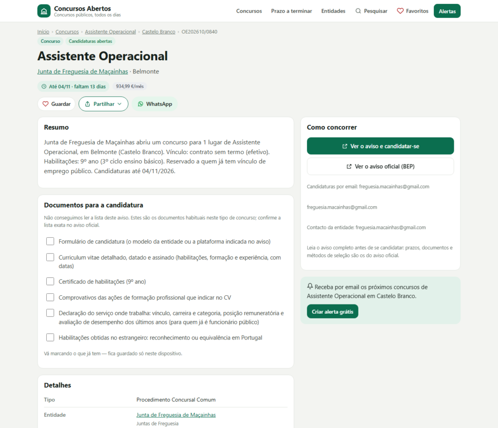 Concursos Abertos: ficha de uma oferta