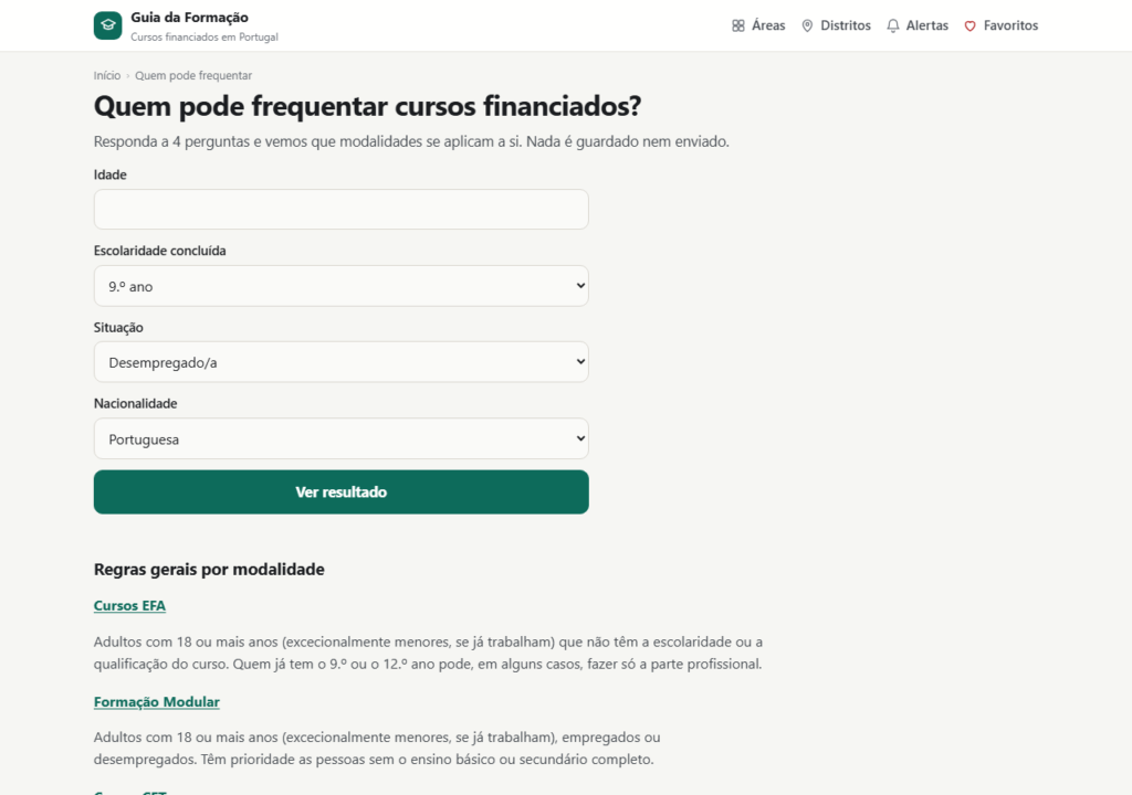 Guia da Formação: teste de elegibilidade